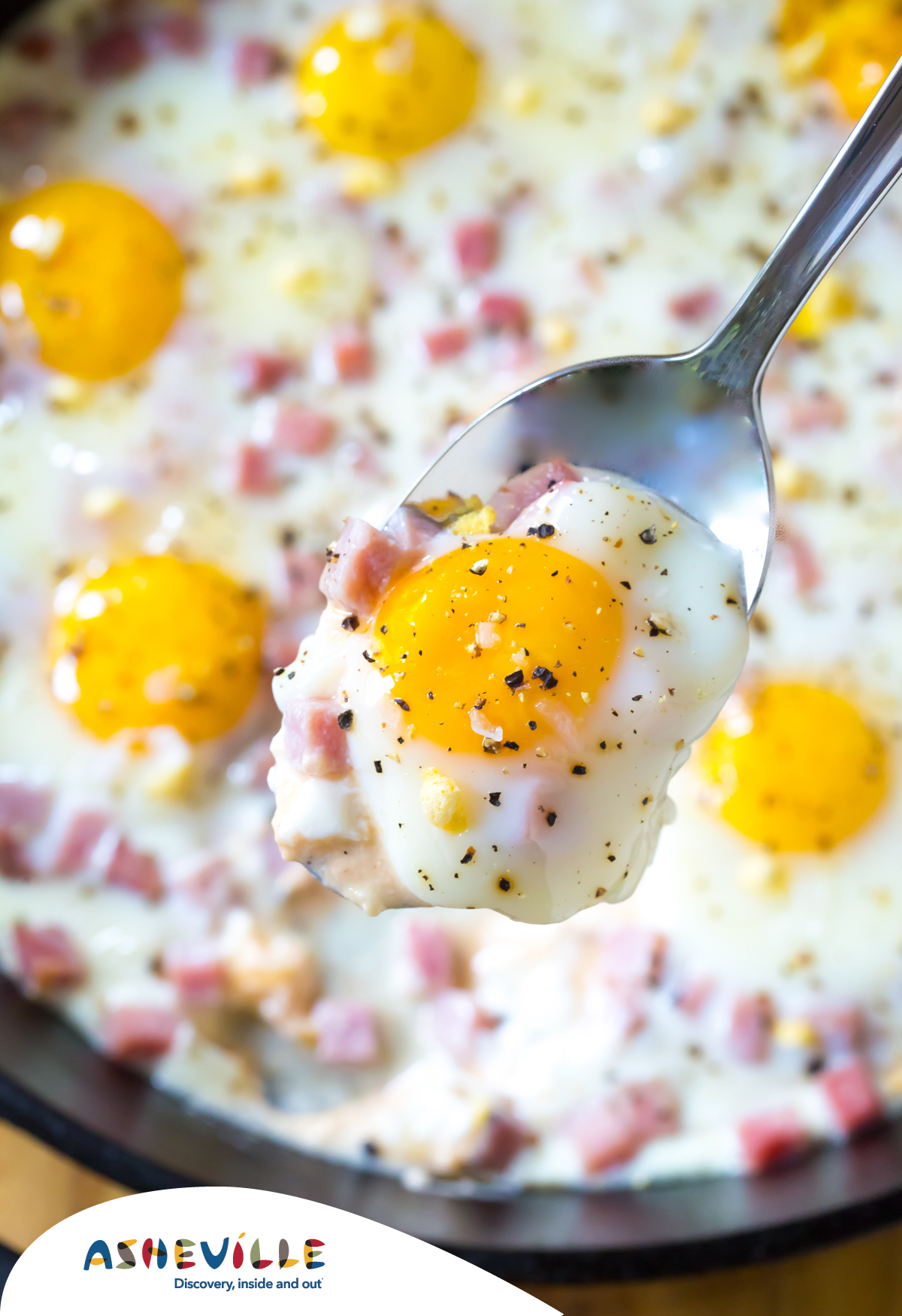 Baked Eggs in Cheese Sauce with Country Ham #Recipe | ExploreAsheville.com