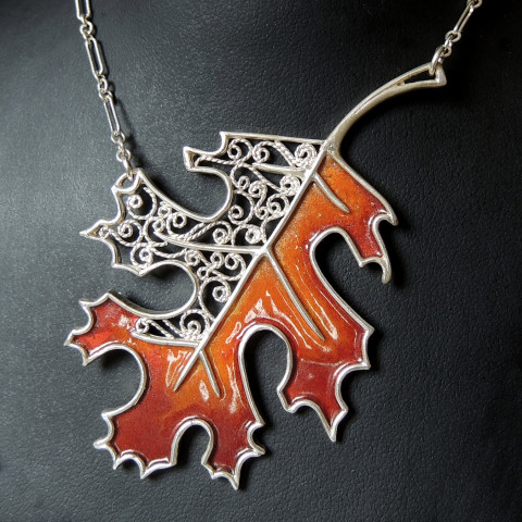 Argentium Silver leaf with torch fired enamel and filigree accents.