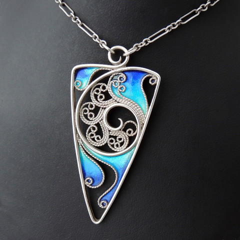 Argentium Silver filigree with torch fired enamel.