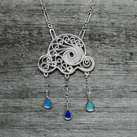 Argentium Silver filigree with torch fired enamel raindrops.