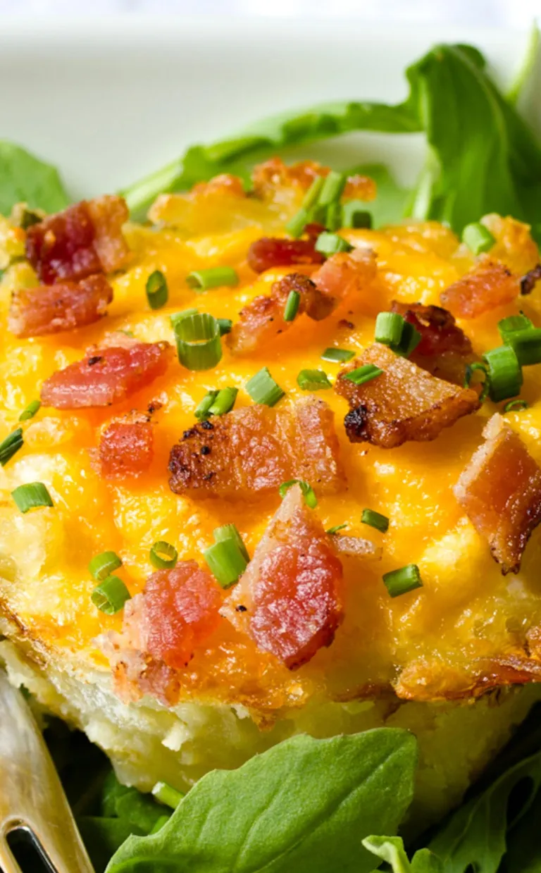 A small egg cup with bacon and chives on top on a bed of greens
