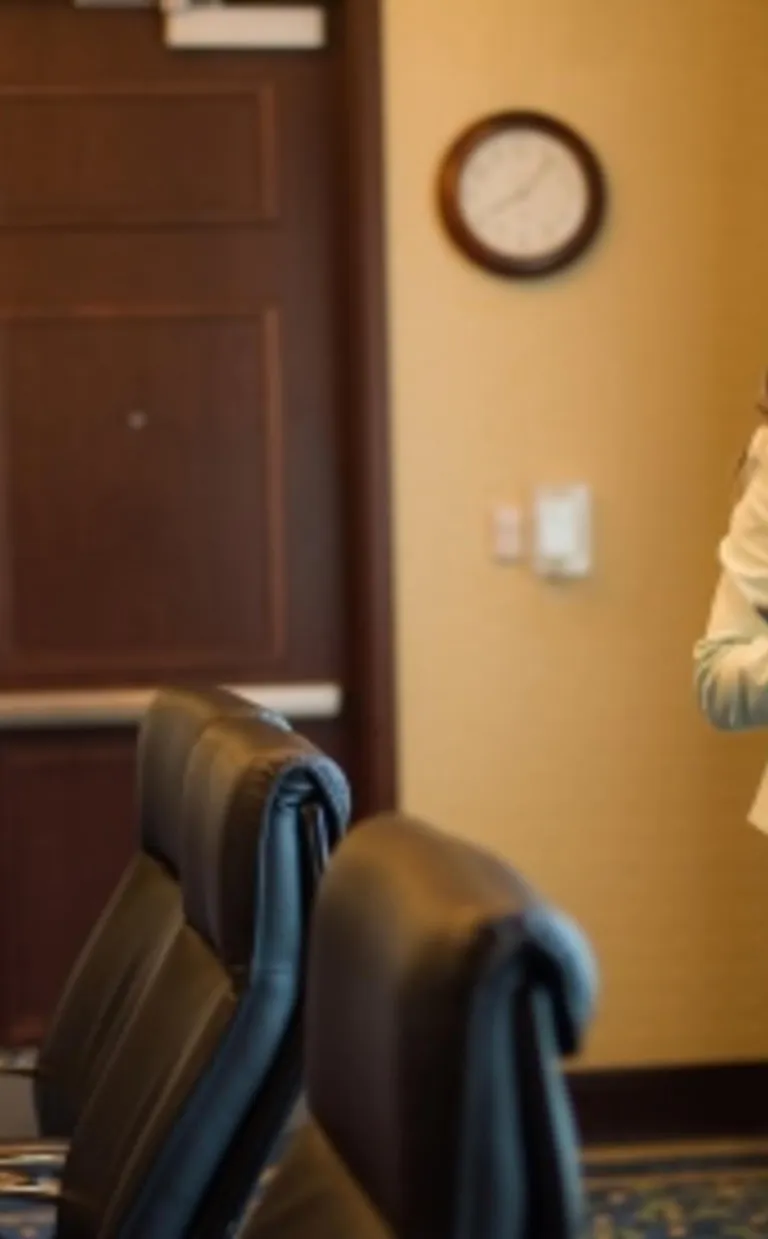 A meeting planner shows a client meeting details on a tablet in a meeting room
