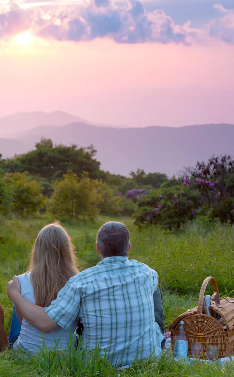 Two people and a dog sit on a picnic blanket overlooking a beautiful mountain sunset near Asheville
