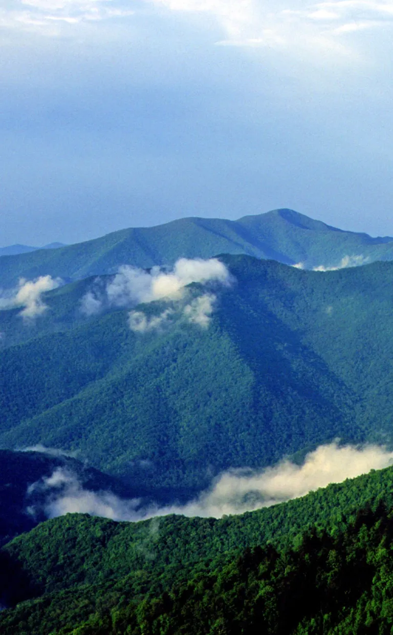 Cold Mountain with low-hanging clouds Asheville NC