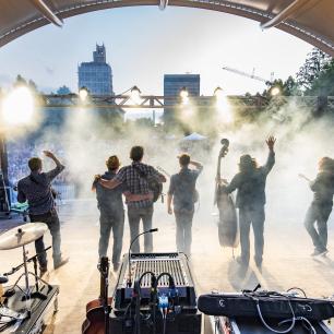 Steep Canyon Rangers performing in downtown Asheville / Photo: David Simchock