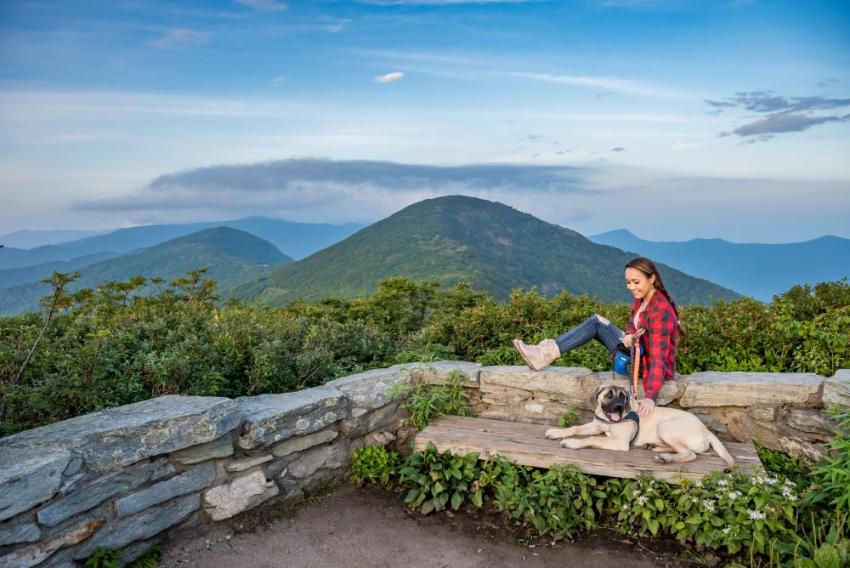 A young woman sits with her dog at Craggy Gardens Pinnacle near Asheville, NC A young woman sits with her dog at Craggy Gardens Pinnacle near Asheville, NC