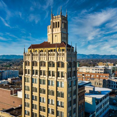 Aerial image of the Jackson Building in downtown Asheville overlooking the city